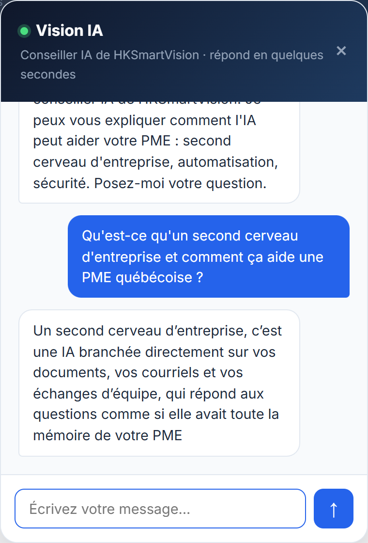 Capture réelle du chatbot Vision IA de HKSmartVision répondant à une question sur le second cerveau d'entreprise pour une PME